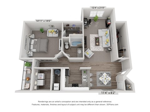 Floor plan for 1 bed, 1 bath, 1119 sqft